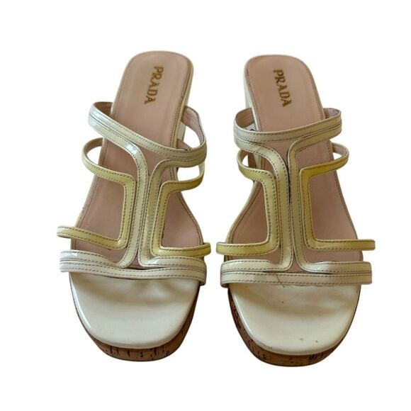 PRADA Beige Wedge Patent Leather Strappy Slide Sandals - Picture 1 of 12